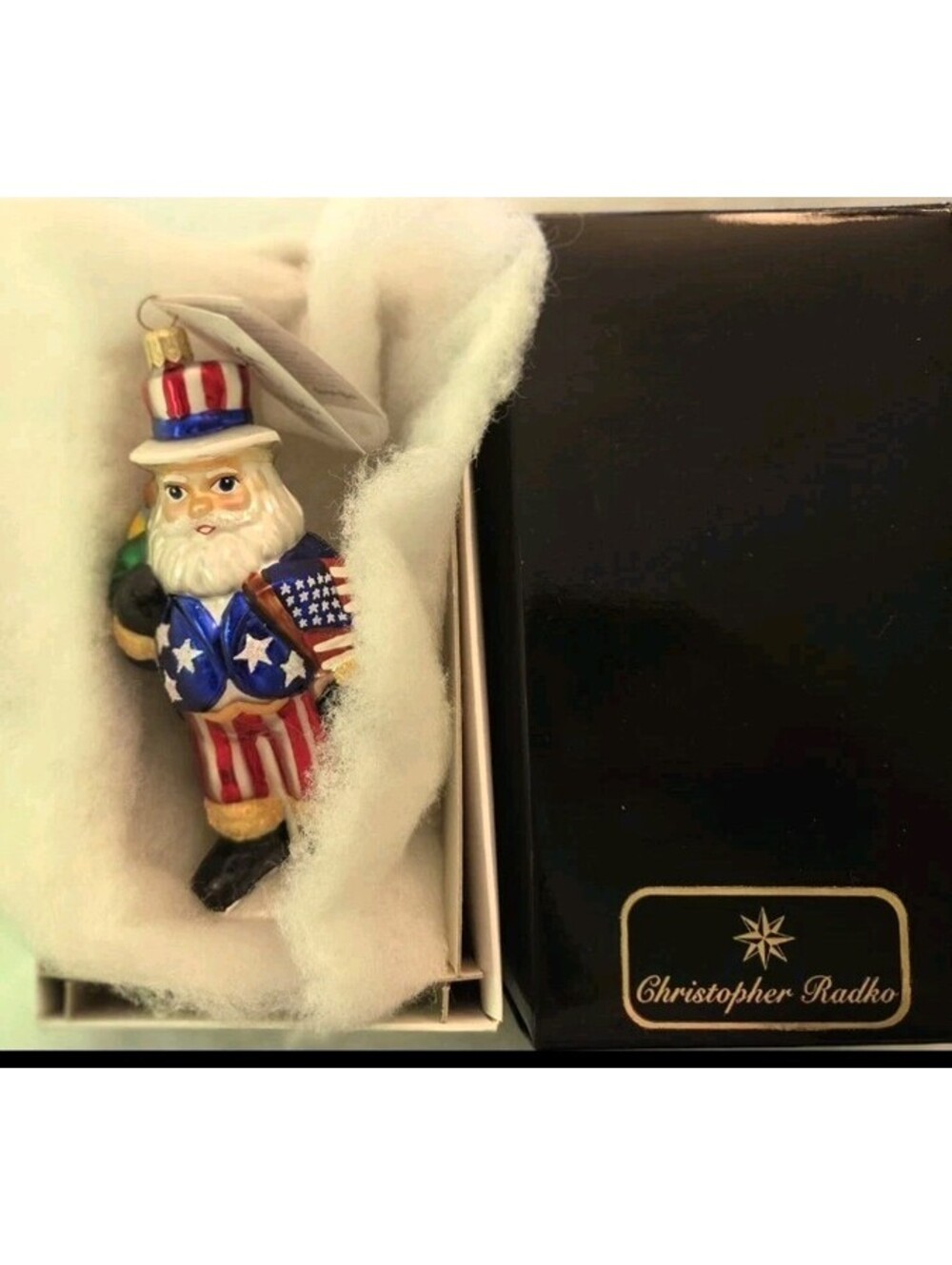Christopher Radko Uncle Sam Patriotic Santa USA Glass Ornament w/Tag & Box Mint